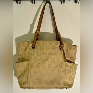 Nice MICHAEL Michael Kors Khaki Canvas MK Signature Jacquard Tote Shoulder Bag